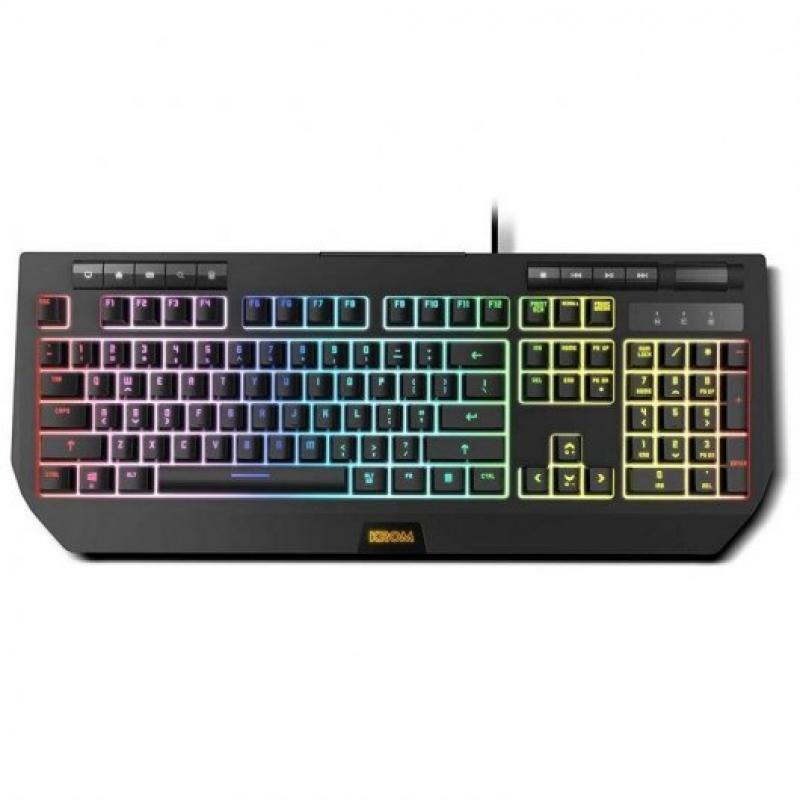 Krom Kuma Teclado Gaming USB Semi Mecanico - Iluminacion RGB con Efectos - 9 Teclas Multimedia - Rueda de Volumen - Soporte para