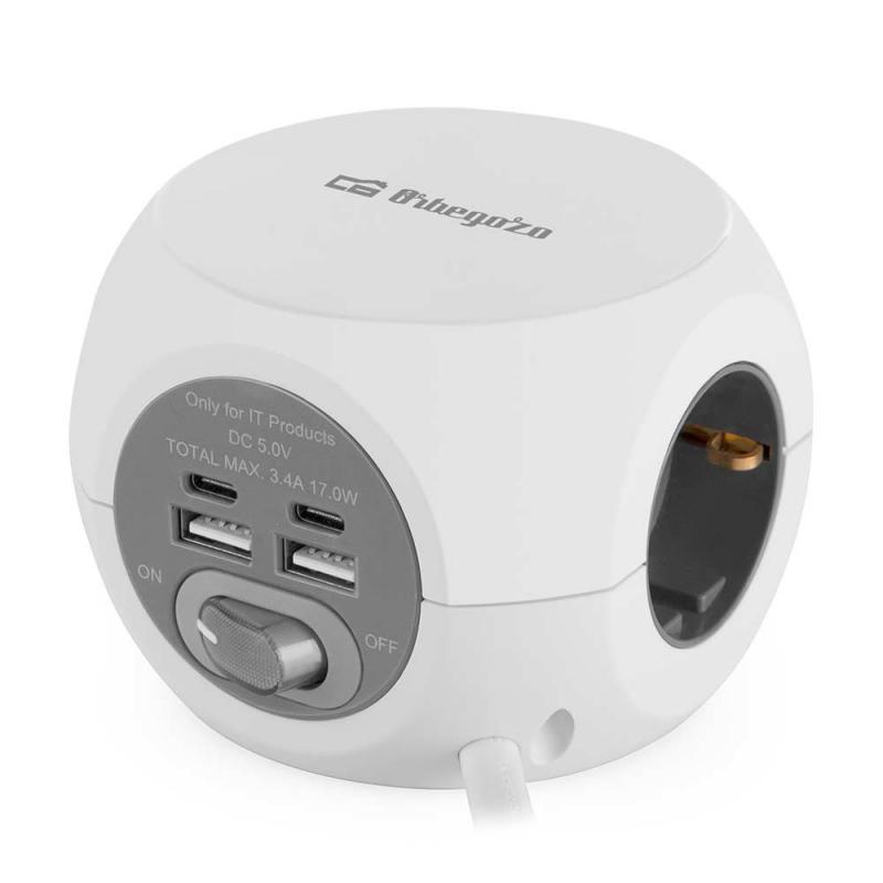 Orbegozo EN 4000 - Enchufe 7 en 1 con Tomas de Tierra y Conexiones USB-C - Compacto y Seguro - Ideal para Viajes - Cable de 1.5 