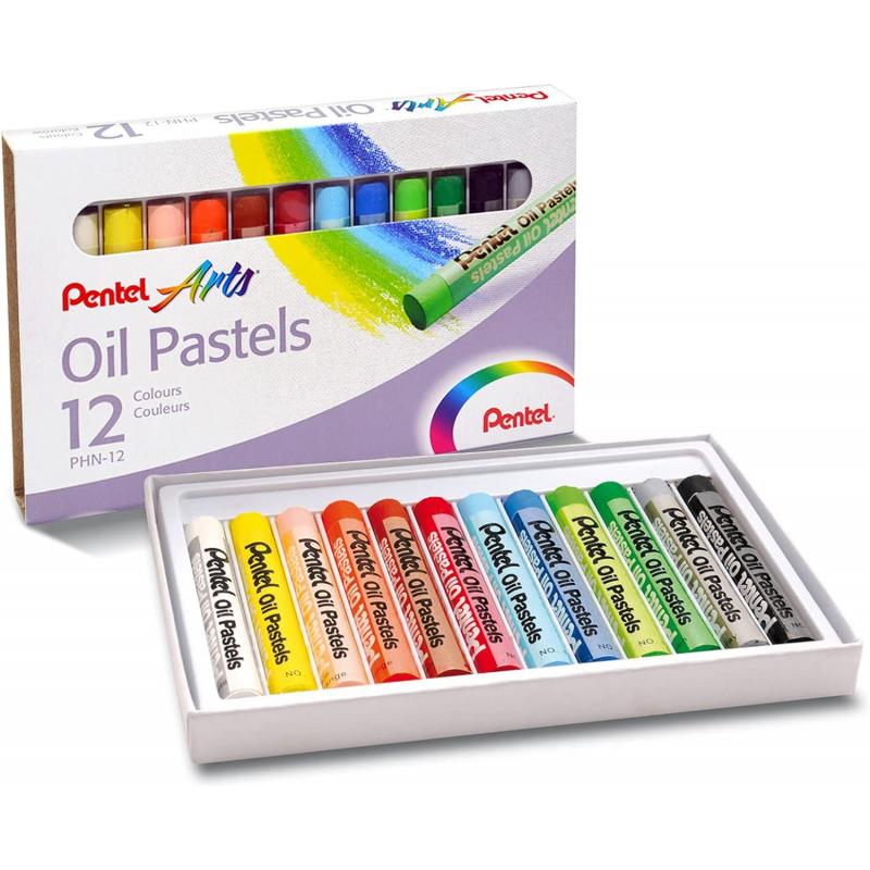 Pentel Oil Pastels Pack de 12 Pasteles Oleo - Blandos, Cremosos y de Secado Lento - Colores Surtidos