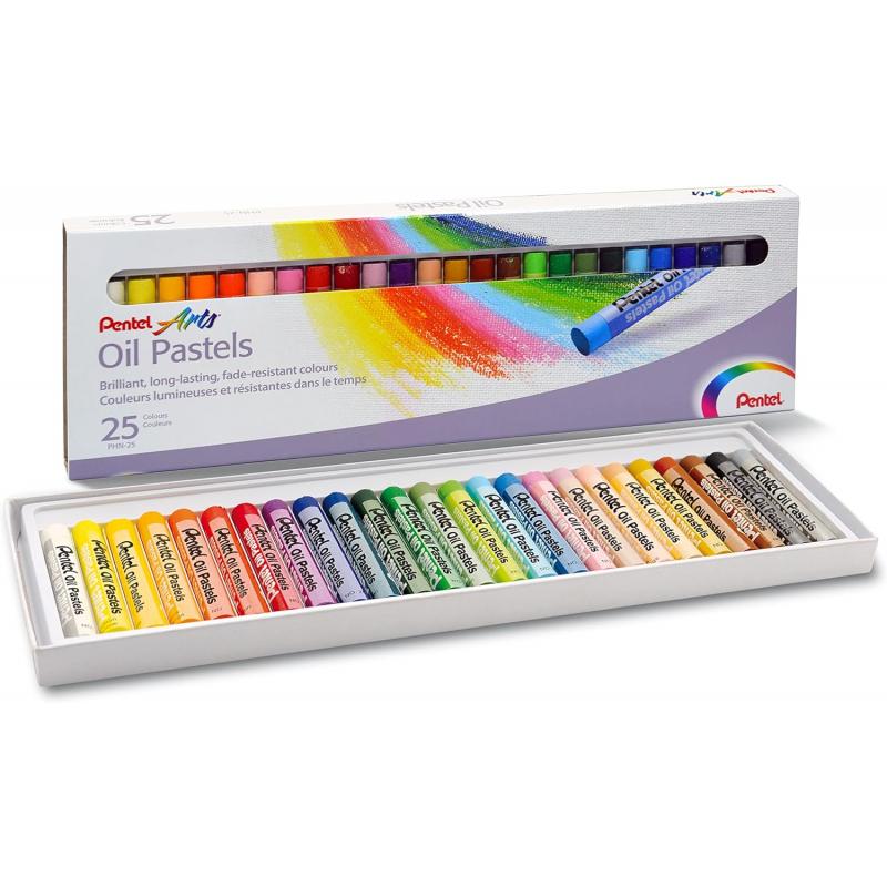 Pentel Oil Pastels Pack de 25 Pasteles Oleo - Blandos, Cremosos y de Secado Lento - Colores Surtidos