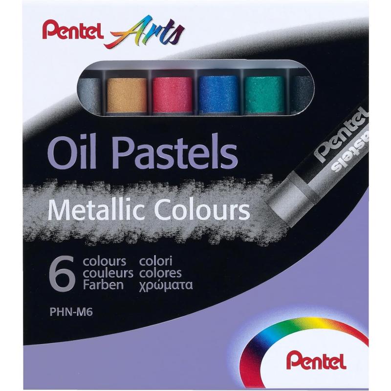 Pentel Oil Pastels Pack de 6 Pasteles Oleo Metalicos - Blandos, Cremosos y de Secado Lento - Colores Metalicos Surtidos