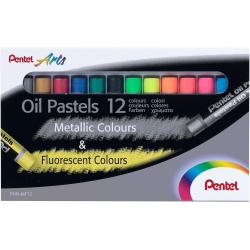 Pentel Oil Pastels Pack de 12 Pasteles Oleo - 6 Metalicos y 6 Fluorescentes - Blandos, Cremosos y de Secado Lento - Colores Meta