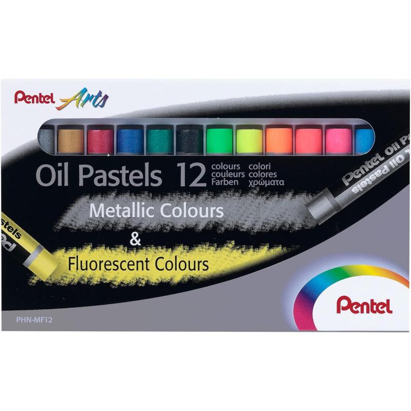 Pentel Oil Pastels Pack de 12 Pasteles Oleo - 6 Metalicos y 6 Fluorescentes - Blandos, Cremosos y de Secado Lento - Colores Meta