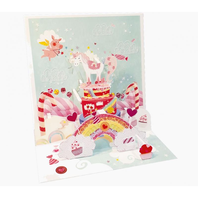 Pictura Tarjeta 3D Pop-Up Unicornio - 16x16cm - Tematica Unicornio - Embolsada Individualmente - Incluido Sobre Blanco - Papel c