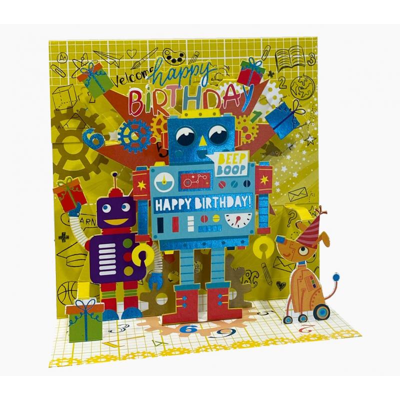 Pictura Tarjeta 3D Pop-Up - 16x16cm - Tematica Robots - Embolsada Individualmente - Incluido Sobre Blanco - Papel con Certificac