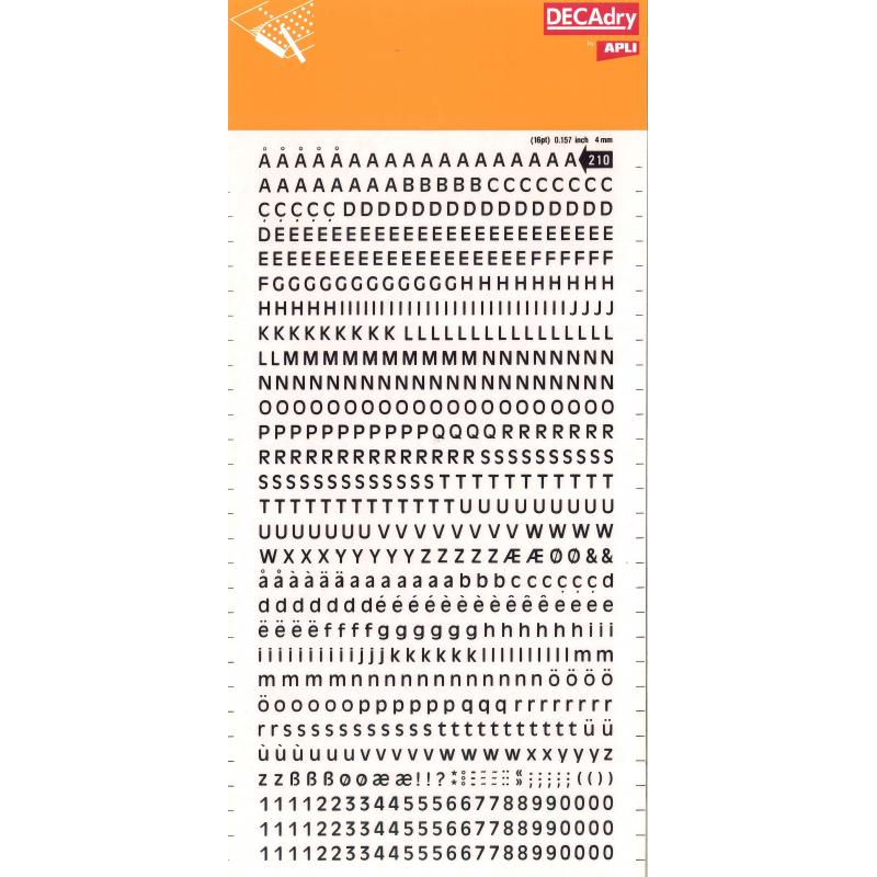 Apli Letras y Numeros Transferibles Super 4mm - 706 Caracteres - Negros Intensos