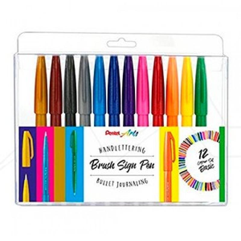 Pentel Brush Sing Pen Pack de 12 Rotuladores con Punta de Pincel - Lineas Finas o Gruesas dependiendo de la Presion - Fabricados