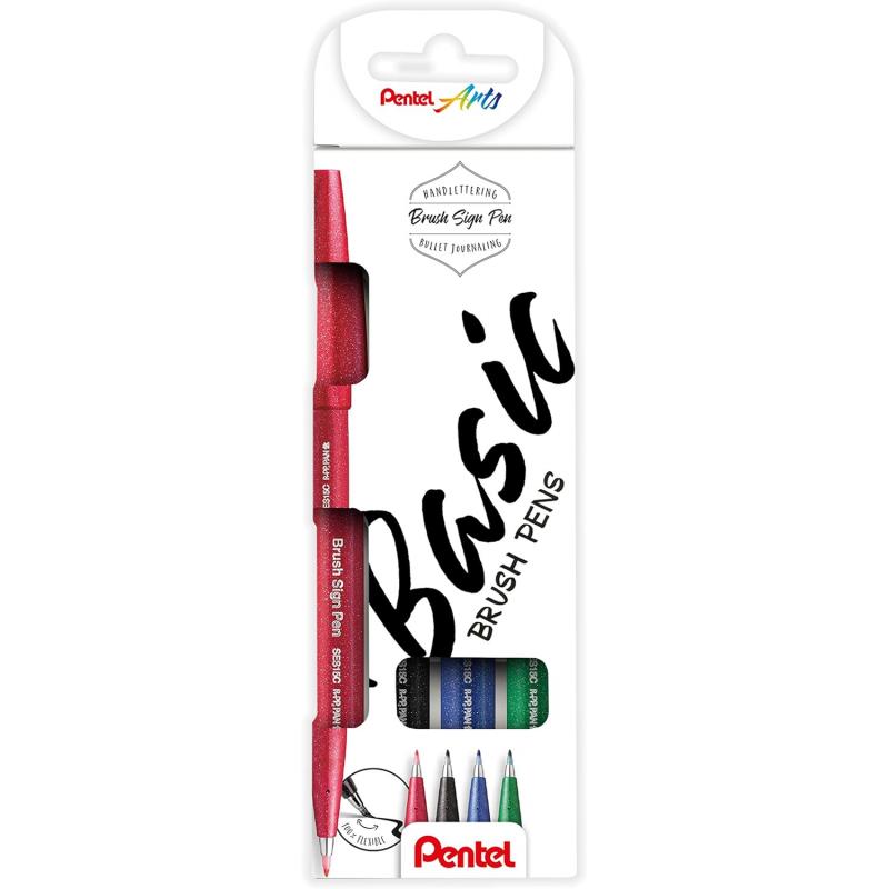 Pentel Brush Sing Pen Basic Pack de 4 Rotuladores con Punta de Pincel - Lineas Finas o Gruesas dependiendo de la Presion - Fabri