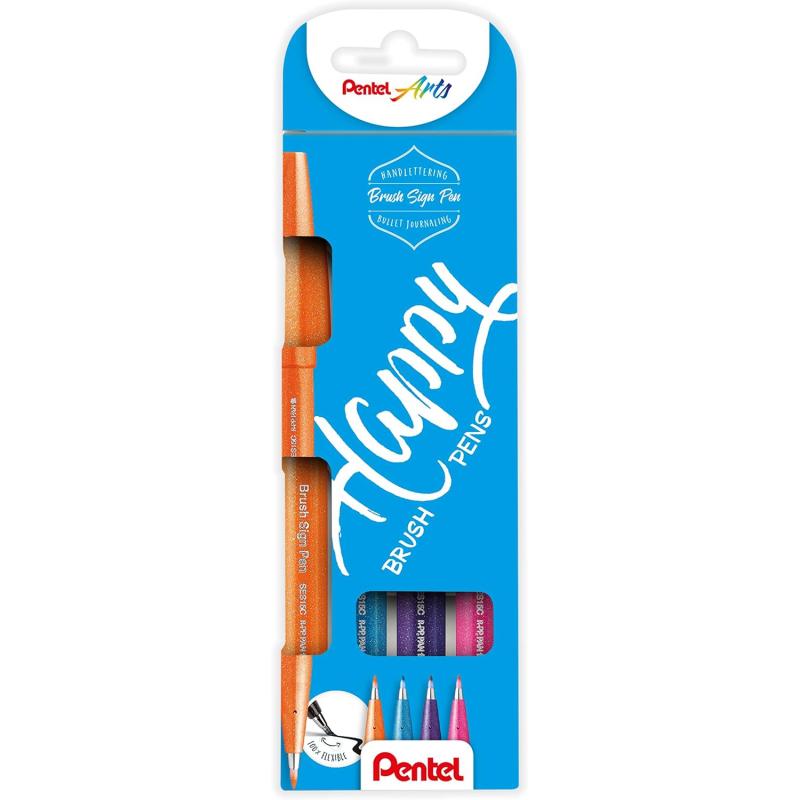 Pentel Brush Sing Pen Happy Pack de 4 Rotuladores con Punta de Pincel - Lineas Finas o Gruesas dependiendo de la Presion - Fabri