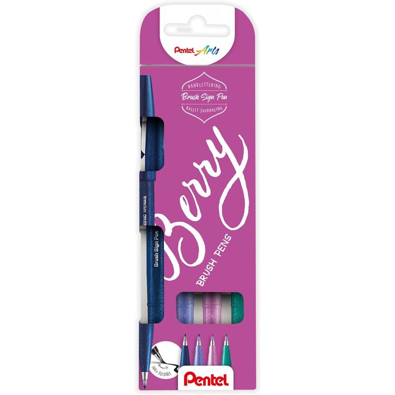 Pentel Brush Sing Pen Berry Pack de 4 Rotuladores con Punta de Pincel - Lineas Finas o Gruesas dependiendo de la Presion - Fabri