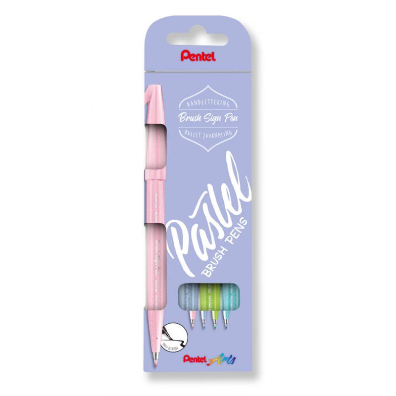 Pentel Brush Sing Pen Pastel Pack de 4 Rotuladores con Punta de Pincel - Lineas Finas o Gruesas dependiendo de la Presion - Fabr