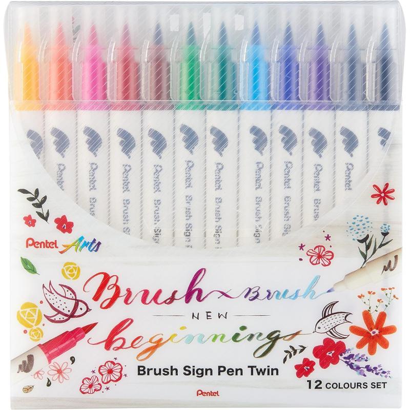 Pentel Brush Sing Pen Twin Pack de 12 Rotuladores con Doble Punta de Pincel Flexible - Punta Ancha 1-4mm, Punta Fina 0,2-2mm - C