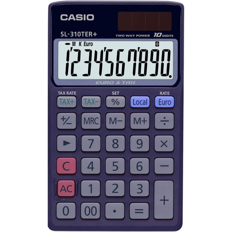 Casio SL-310TER+ Calculadora de Bolsillo - Pantalla LC Extragrande de 10 Digitos - Funcion Conversor de Euros - Color Azul Oscur