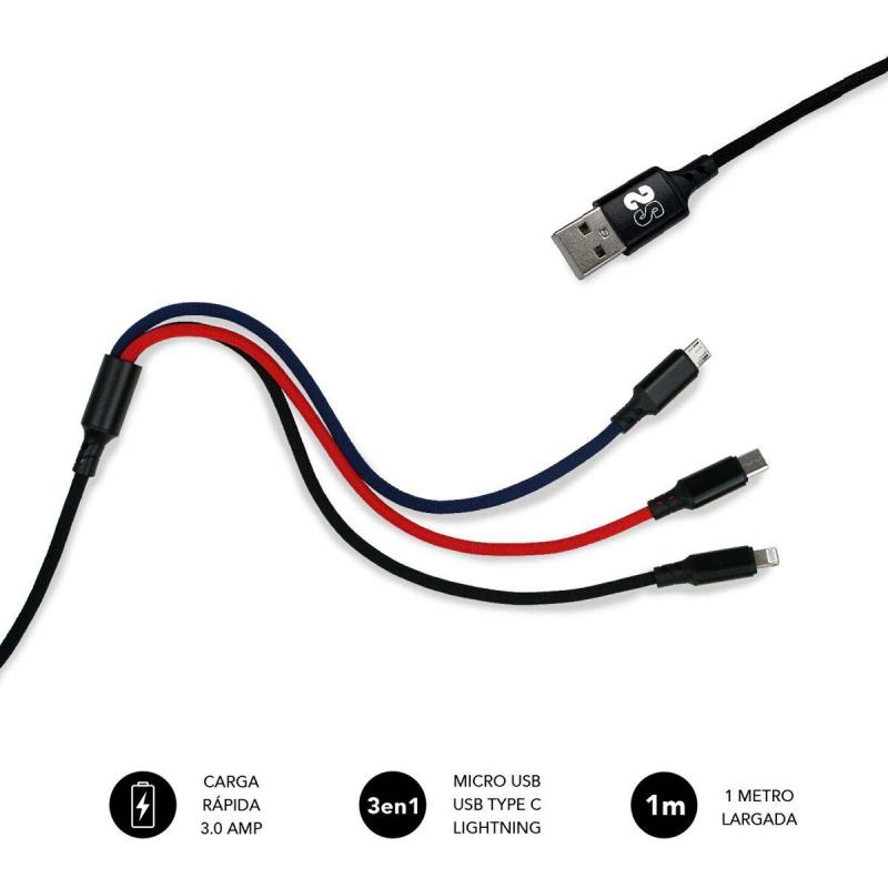 Subblim Cable de Carga 3 en 1 - Alta Velocidad de Carga - Compatible con Android/Ios - Carga Simultanea - Fibra de Nailon Resist