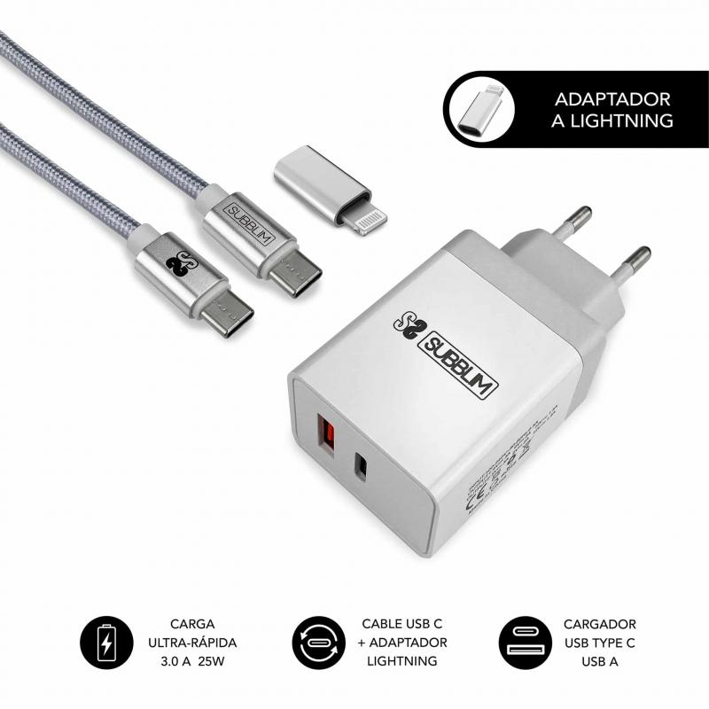 Subblim Cargador de Pared 25W - 2 Puertos (USB C + USB A) - Carga ultra rápida - Cable USB C de altas prestaciones - Exterior de