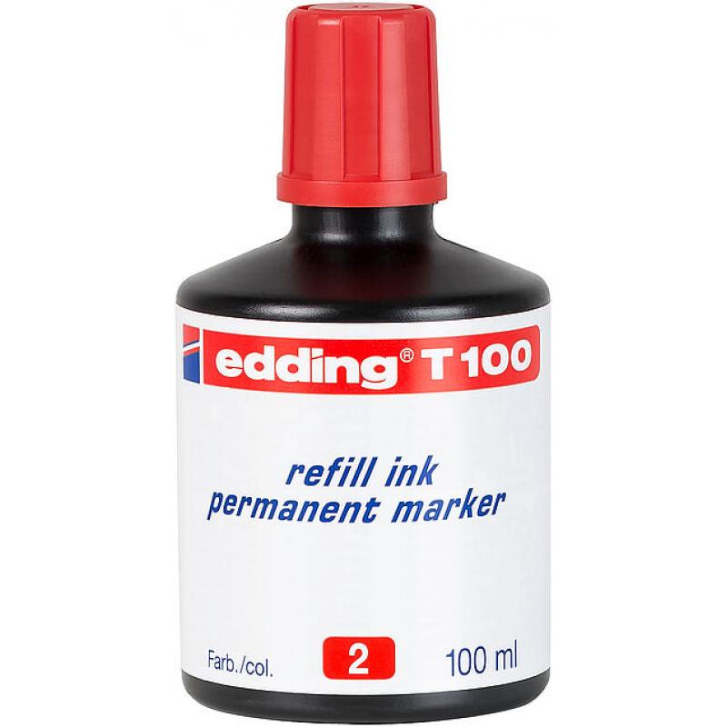 Edding T100 Bote de Recarga para Rotulador Permanente - Capacidad 100ml - Color Rojo