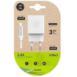 TechOneTech Cargador Doble de Pared + Cable USB-A a Micro-USB 2.4 1m - Recubierto de Nylon Trenzado