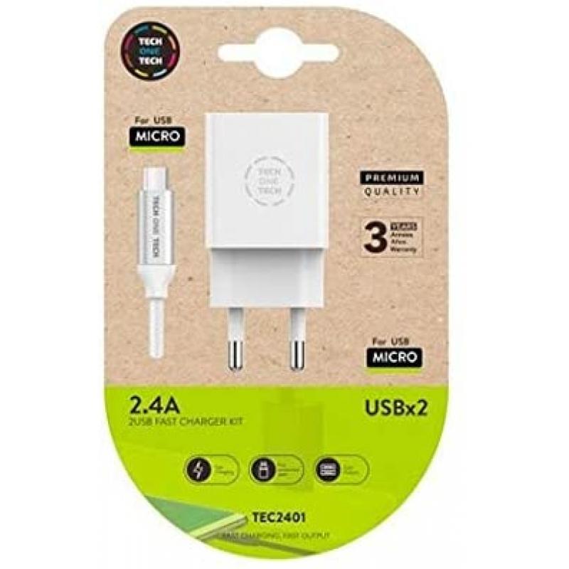 TechOneTech Cargador Doble de Pared + Cable USB-A a Micro-USB 2.4 1m - Recubierto de Nylon Trenzado