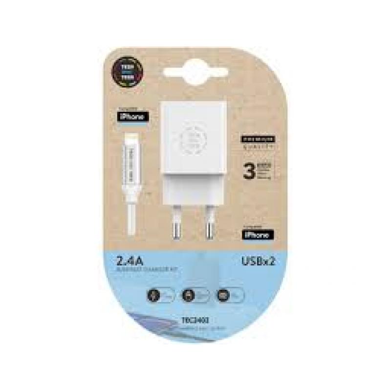 TechOneTech Cargador Doble de Pared + Cable USB-A a Lightning 1m - Recubierto de Nylon Trenzado