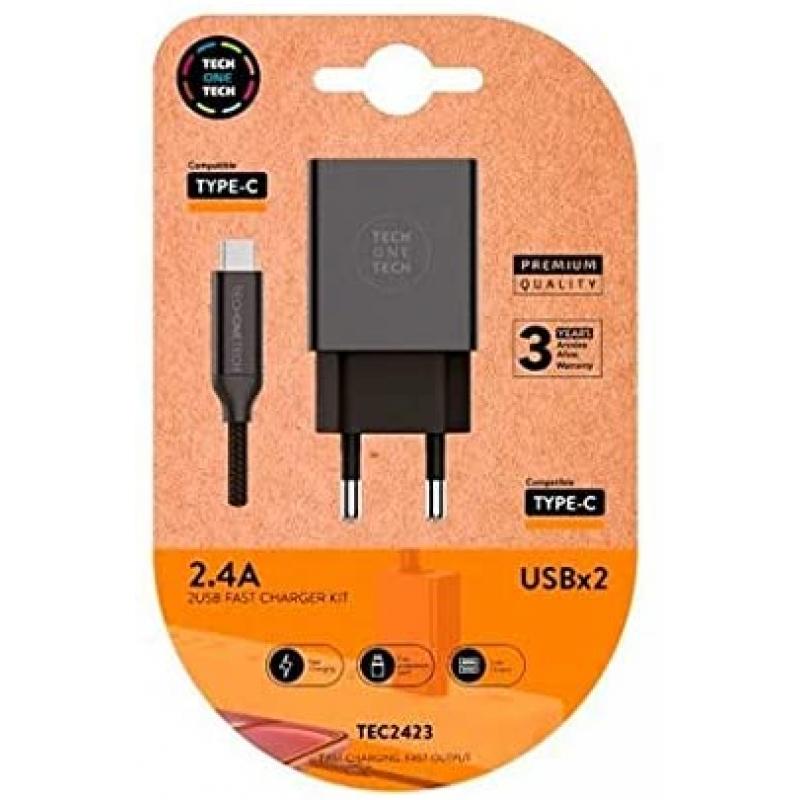 TechOneTech Cargador Doble de Pared + Cable USB-A a USB-C 1m - Recubierto de Nylon Trenzado