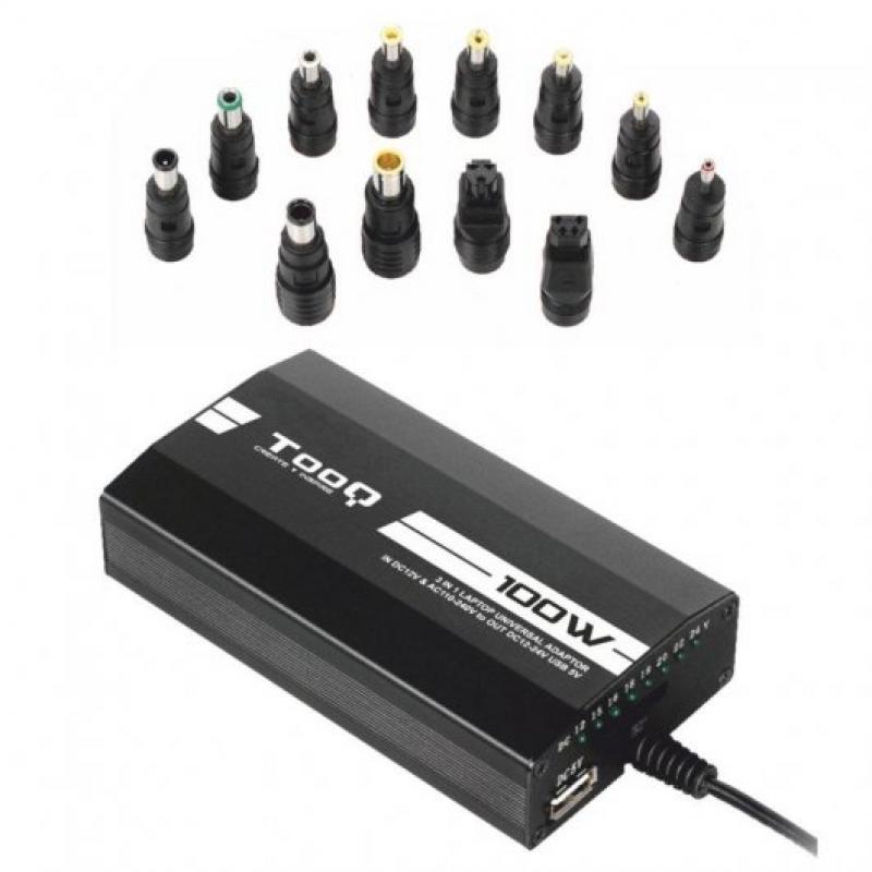 Tooq Cargador Universal para Portatil 100W - USB - 12 Adaptadores - Voltaje 12-24V - Indicador LED