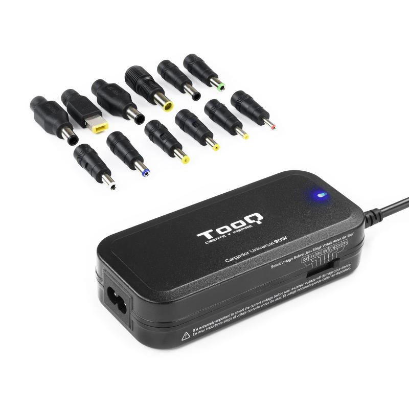 Tooq Cargador Universal para Portatil 90W - USB - 12 Adaptadores - Voltaje 15-24V