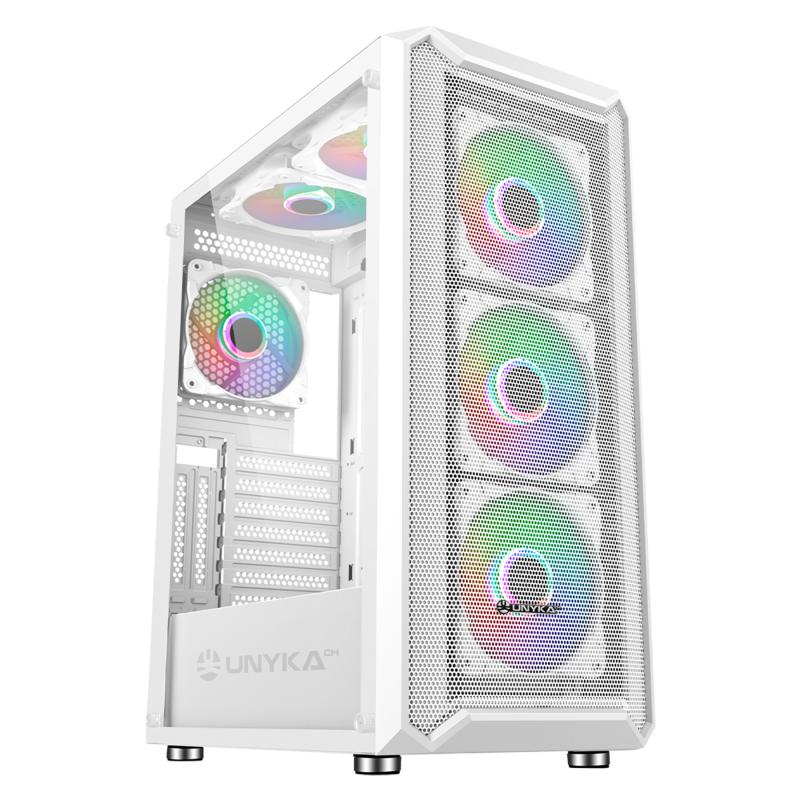 Unykach Armor 3Gen White Caja ATX, Micro ATX, ITX - Lateral de Vidrio Templado - USB-A 3.0, USB-C y Audio - 4 Ventiladores 120mm