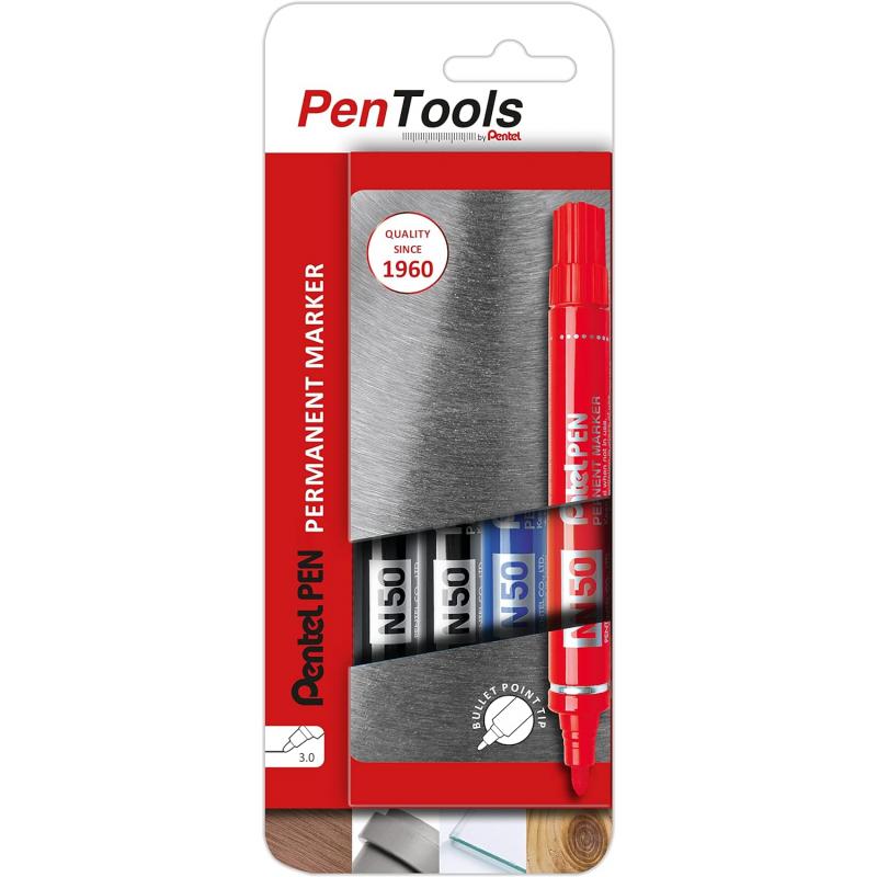 Pentel PenTools Pack de 4 Rotuladores Permanentes Industriales Pentel Pen N50 - Punta Conica Resistente y Duradera - Trazo 2mm -