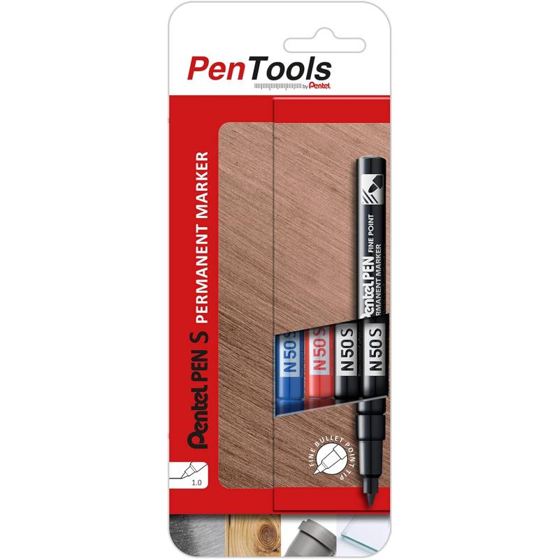 Pentel PenTools Pack de 4 Rotuladores Permanentes Industriales Pentel Pen N50S - Punta Conica Resistente y Duradera - Trazo 1mm 