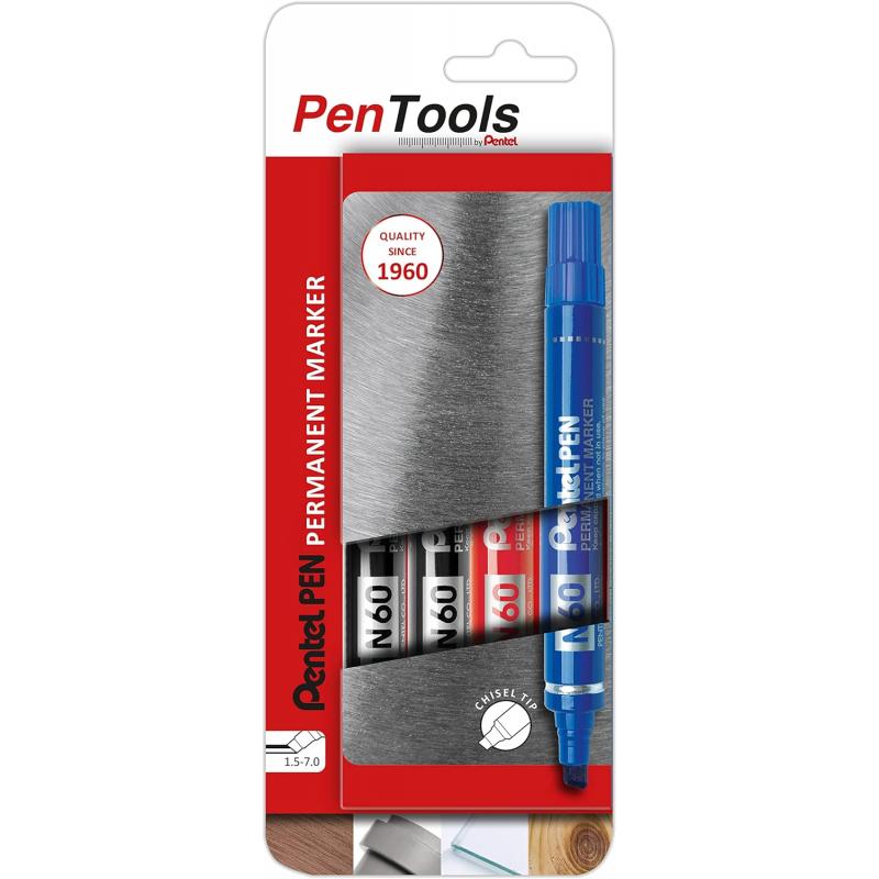 Pentel PenTools Pack de 4 Rotuladores Permanentes Industriales Pentel Pen N60 - Punta Biselada Resistente y Duradera - Trazo 1,5