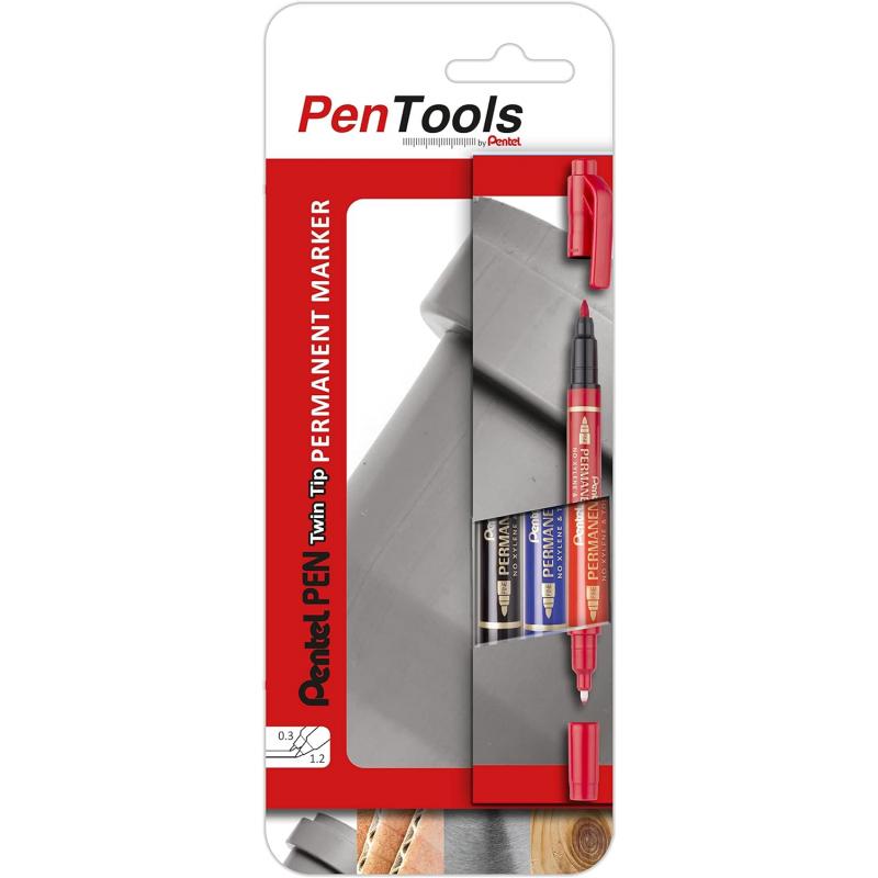 Pentel PenTools Pack de 3 Rotuladores Permanentes Industriales Pentel Pen Twin Tip - Doble Punta - Extrafina 0,6mm y Fina 3.5mm 