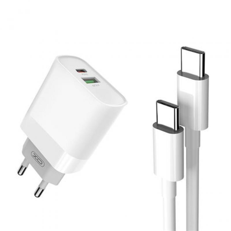 XO L64 Pack Cargador de Corriente 1x USB-A, 1x USB-C 18W Carga Rapida 3.0 + Cable USB-C a USB-C 1m