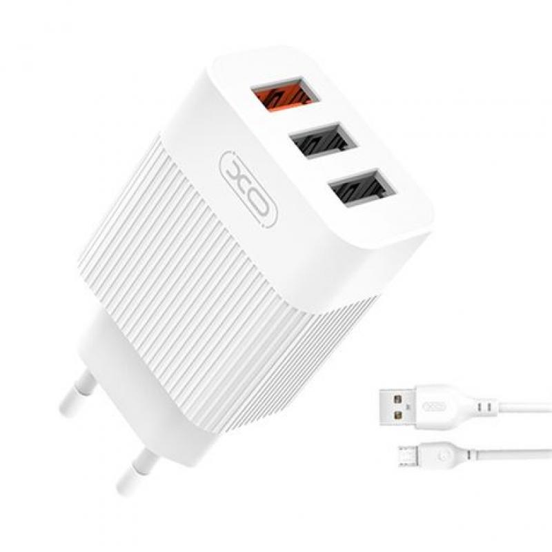 XO L72 Pack Cargador de Corriente 1x USB-A 18W Carga Rapida 3.0, 2x USB-A + Cable USB-A a MicroUSB