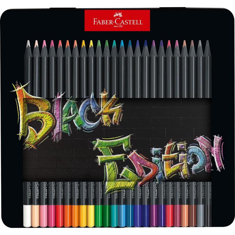 Faber-Castell Black Edition Caja Metalica de 24 Lapices de Colores - Mina Supersuave - Madera Negra - Ideales para Dibujo sobre 