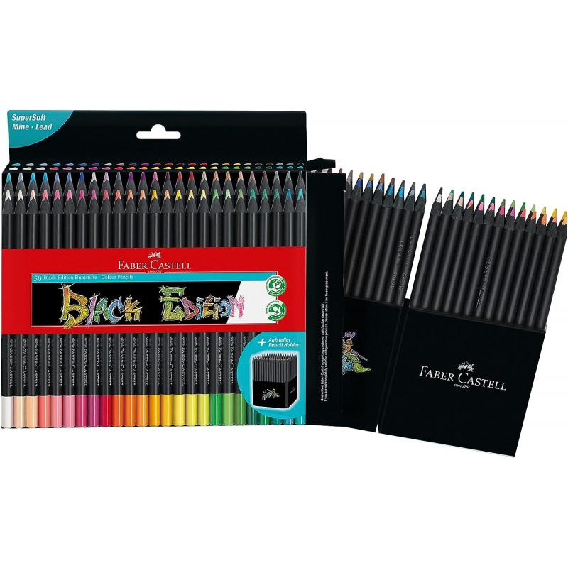 Faber-Castell Black Edition Pack de 50 Lapices de Colores - Mina Supersuave - Madera Negra - Ideales para Dibujo sobre Papel Cla
