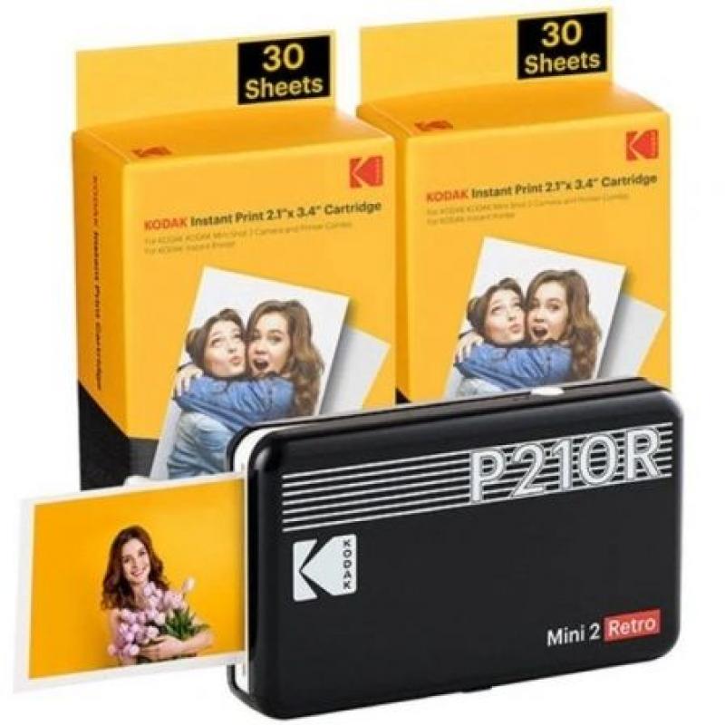 Kodak Mini 2 Retro Pack de Impresora Fotografica Portatil Bluetooth + 60 Hojas de Papel Fotografico - Formato de Impresion 5,3x8