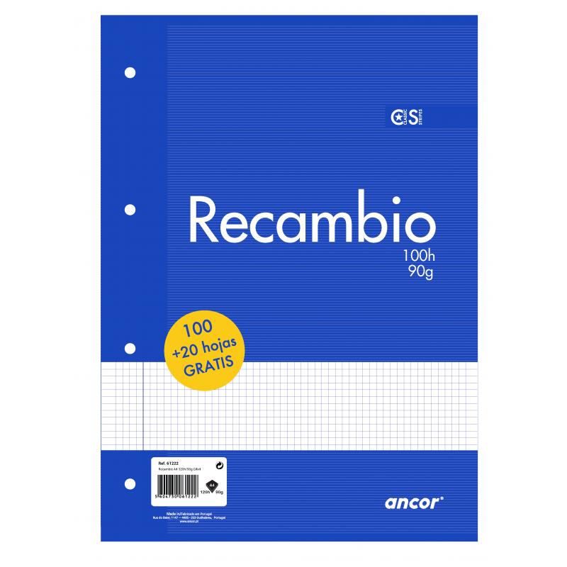 Ancor Recambio de 120 Hojas 90gr Tamaño A4 Cuadriculado 4x4mm - 4 Taladros