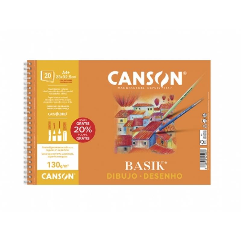 Canson Basik Bloc de Dibujo Espiral 20 Hojas A4+ 130g - Sin Recuadro - Medidas 23x32.5cm - Color Blanco