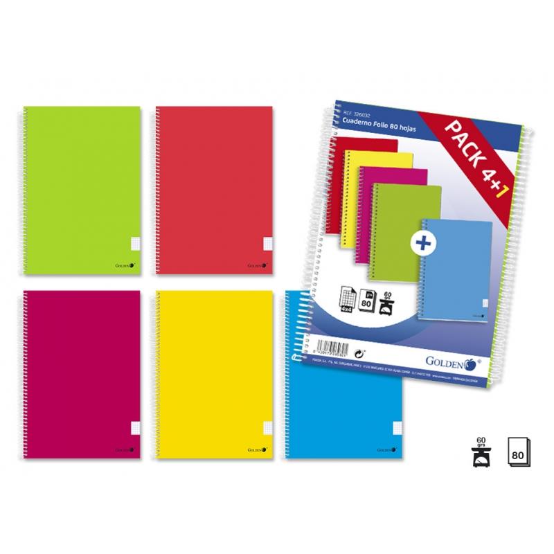 Golden Pack de 5 Cuaderno Tapa Normal Plastificada 80 Hojas - Margen Remarcado - Cuadricula 4x4