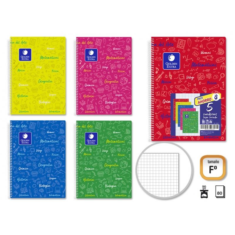 Golden Pack de 5 Cuaderno Asignatura Tapa Flexible Folio 80 Hojas 90gr Cuadricula 4x4 - Resistente - Ideal para Estudiantes - Pa