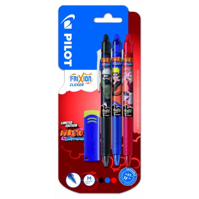 Pilot Frixion Clicker Naruto Shippuden Pack de 3 Boligrafos de Gel Retractil Borrable + Borrador - Punta de Bola 0.7mm - Trazo 0