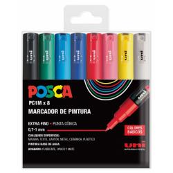 Posca PC1M Estuche de 8 Marcadores de Pintura - Punta Conica 0.7mm - Tinta Base al Agua - No Permanente - Resistente a la Luz - 