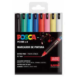 Posca PC1MR/8C Estuche de 8 Marcadores de Pintura - Punta Roller de Fibra 0.7mm - Tinta Pigmentada Base al Agua - Resistente a l