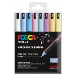 Posca PC1MR/8C Estuche de 8 Marcadores de Pintura - Punta Roller de Fibra 0.7mm - Tinta Pigmentada Base al Agua - Linea Extrafin