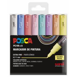 Posca PC1M/8C Estuche de 8 Marcadores de Pintura - Punta Conica 0.7mm - Tinta Base al Agua - No Permanente - Resistente a la Luz