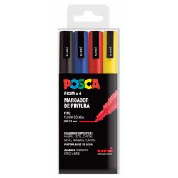 Posca PC-3M/4C Estuche de 4 Marcadores de Pintura - Punta de Poliester Conica 0.9-1.3mm - Tinta Base al Agua - Resistente a la L