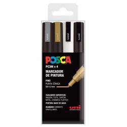 Posca PC-3M/4C Estuche de 4 Marcadores de Pintura - Punta Conica de Poliester 0.9-1.3mm - Tinta Base al Agua - No Permanente - R