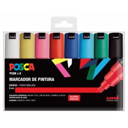 Posca PC-8K/8C Estuche de 8 Marcadores de Pintura - Punta Biselada Acrilica 8mm - Tinta Base al Agua - Resistente a la Luz - Col