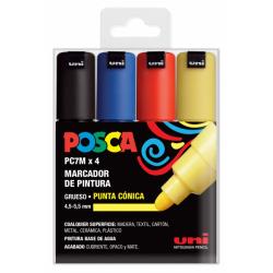 Posca PC-7M Estuche de 4 Marcadores de Pintura - Punta de Bala 4.5-5.5mm - Tinta Base al Agua - Resistente a la Luz - No Permane