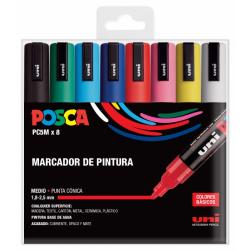 Posca PC-5M/8C Estuche de 8 Marcadores de Pintura - Punta de Poliester 1.8-2.5mm - Tinta Base al Agua - Resistente a la Luz - No